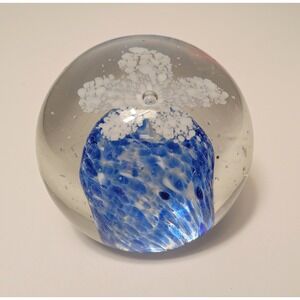 Hand Blown Art Glass Paperweight Round with White Flower and Blue Base‎